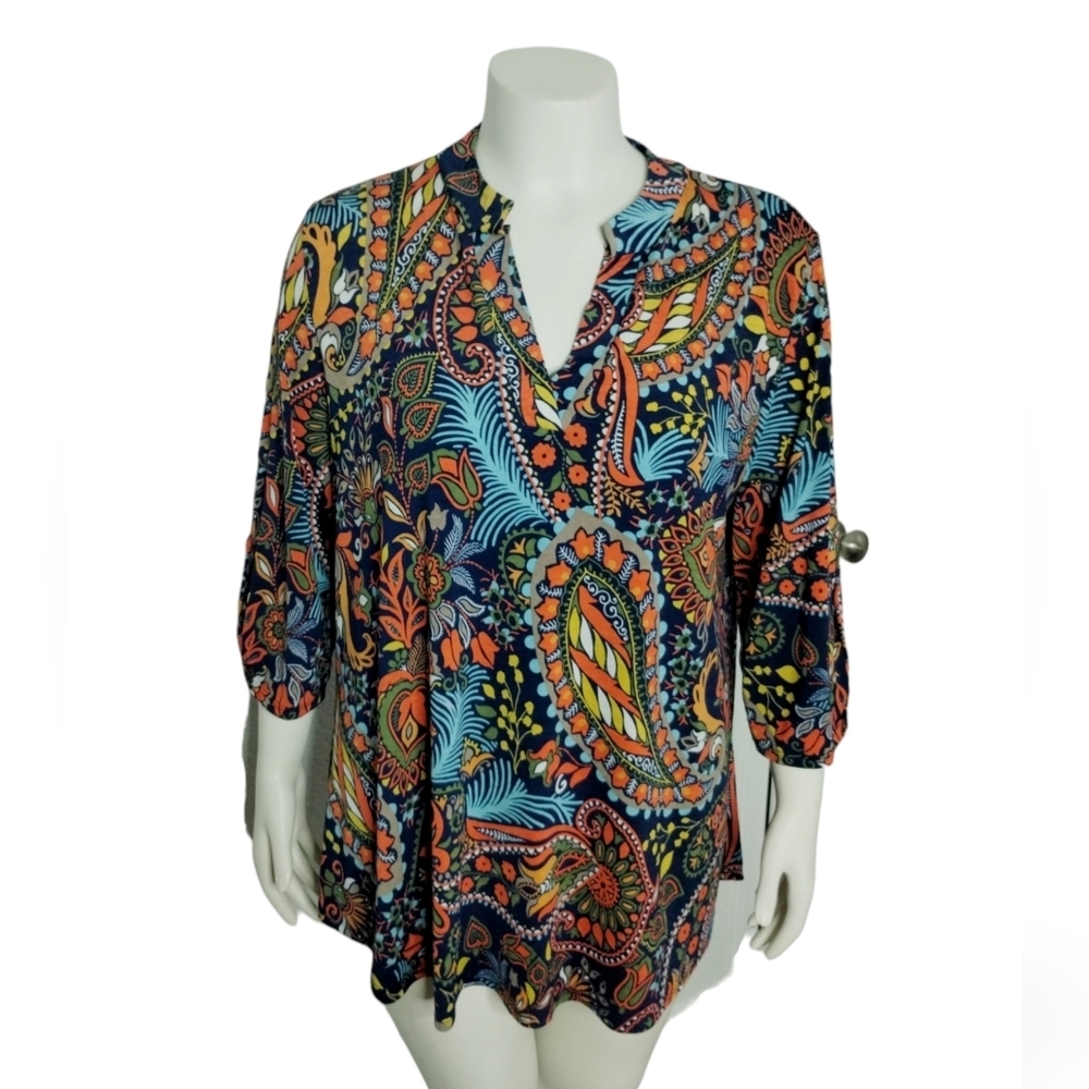 Paisley Grace Women's ¾ Sleeve Colorful Boho Career Office Teacher Top Size 2X‎